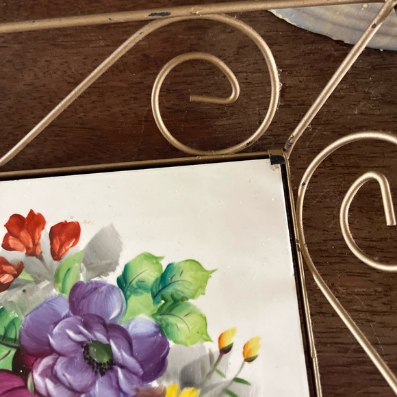 Vintage 60’s - 70’s wall decor, metal swirls framing square floral tiles - Picture 6 of 15